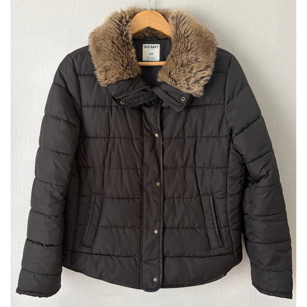 Old Navy Womens Faux Fur Collar Puffer Jacket Large Black Quilted Coat Warm